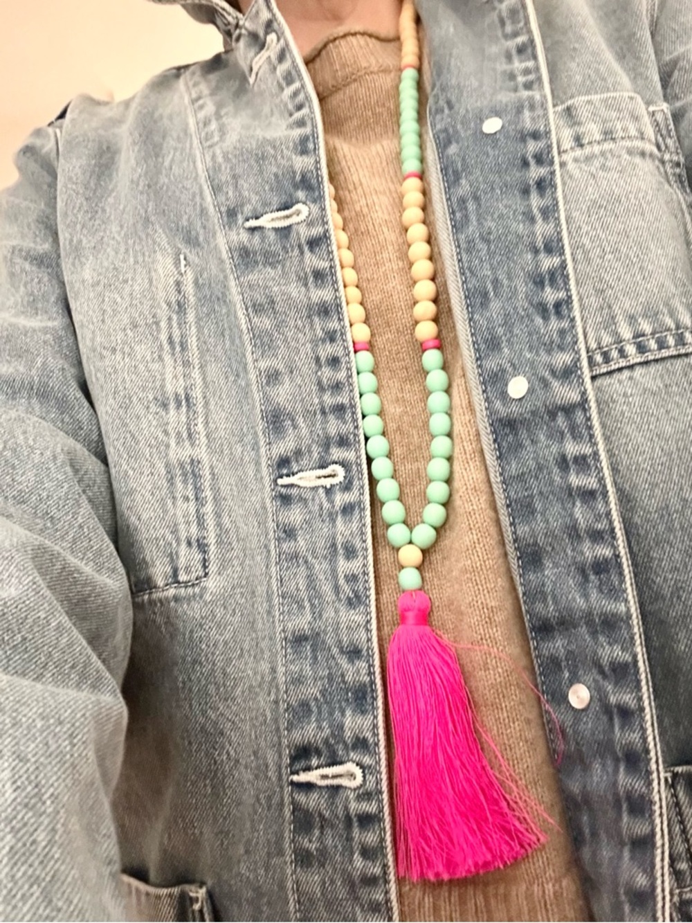 Long Boho beaded wooden bead tassel necklace - Hot Pink Tassel and Aqua Beads